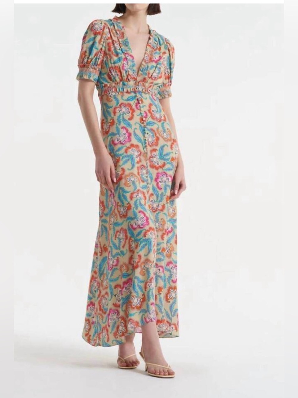 SALONI Cream Multicolor Floral V-Neck Maxi Dress - Picture 1 of 10